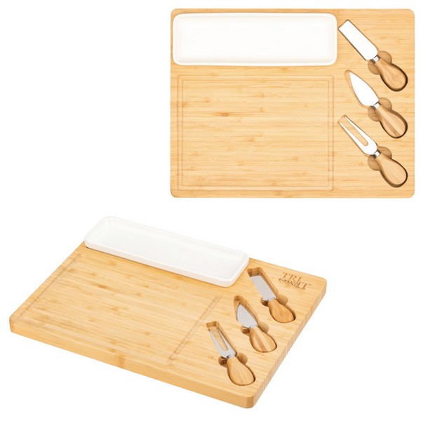 HST14110 Solara Bamboo Cheese Board KNIFE and Tray Set With Custom Imp